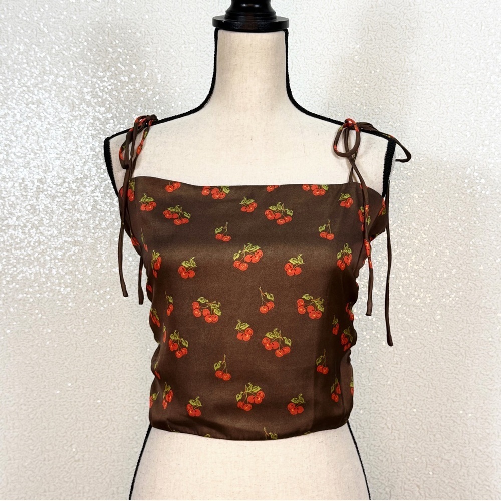 Urban Outfitters Cherry Print Satin Tie Strap Cami Top Brown Y2K Smocked Back